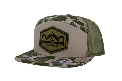 Camouflage-patterned cap with a logo on a white background
