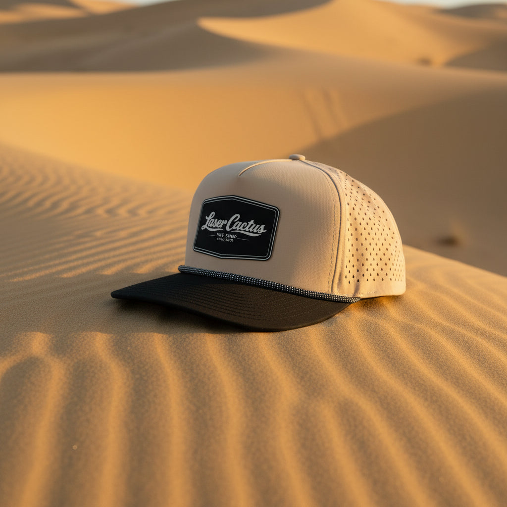 Beige and black cap with 'Laser Cactus' logo on a light gray background